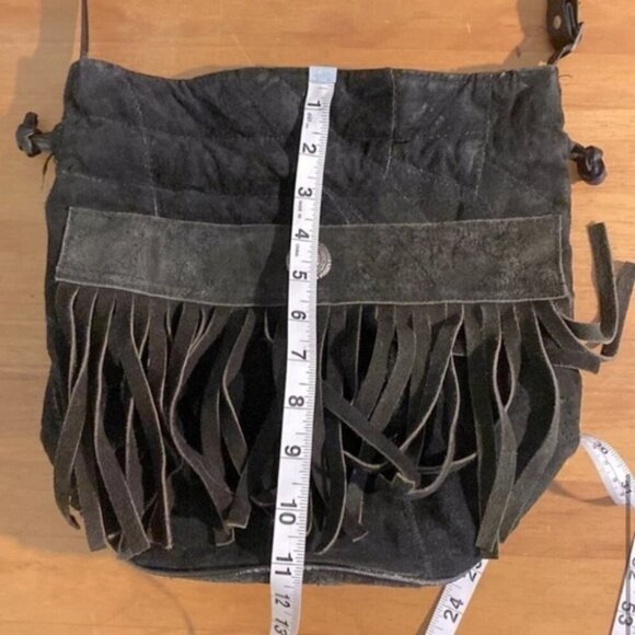 Vintage Leather Patchwork Black Brown Colour Block Bucket Bag Purse With Fringe - Picture 9 of 12